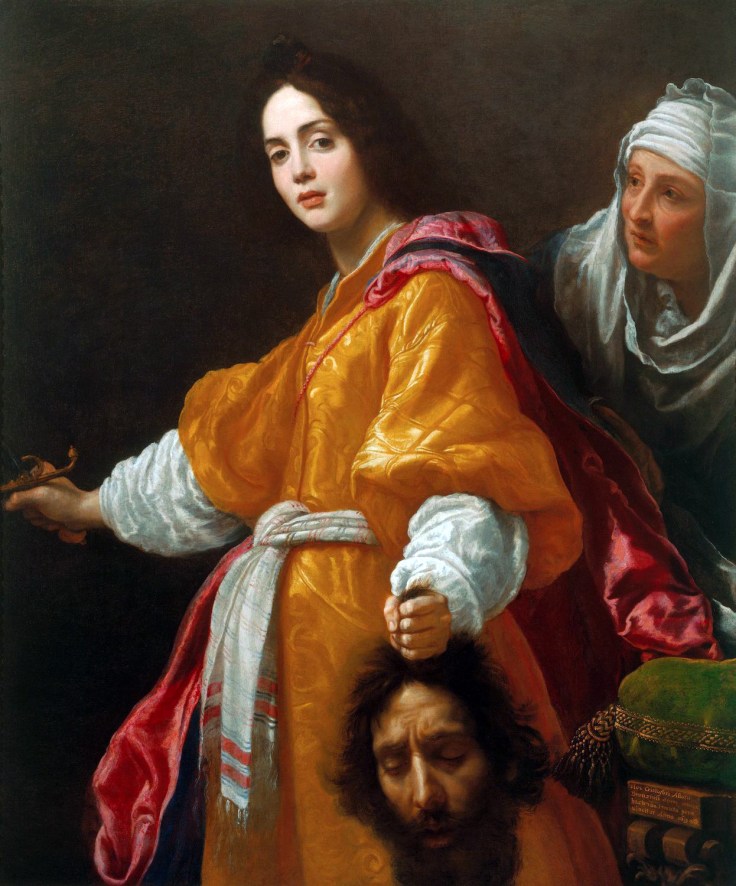 Judith stares at the viewer while holding a sword and the head of Holofernes, with her maid behind her