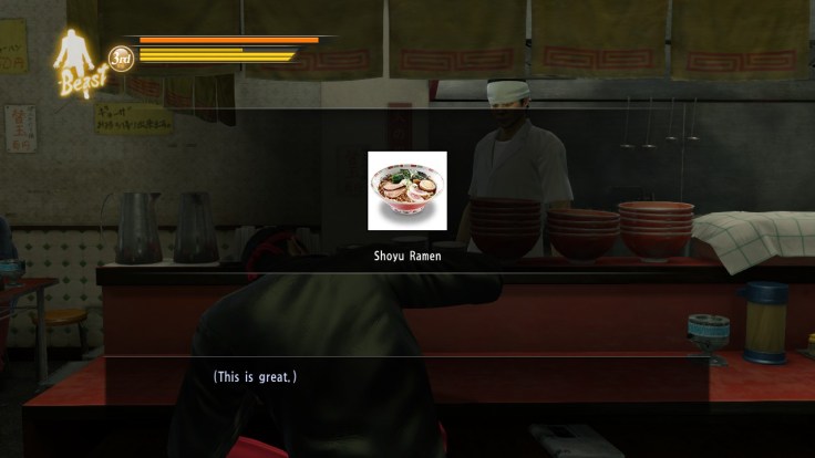 Picture of shoyu ramen overlaying the image of a man eating at a restaurant counter