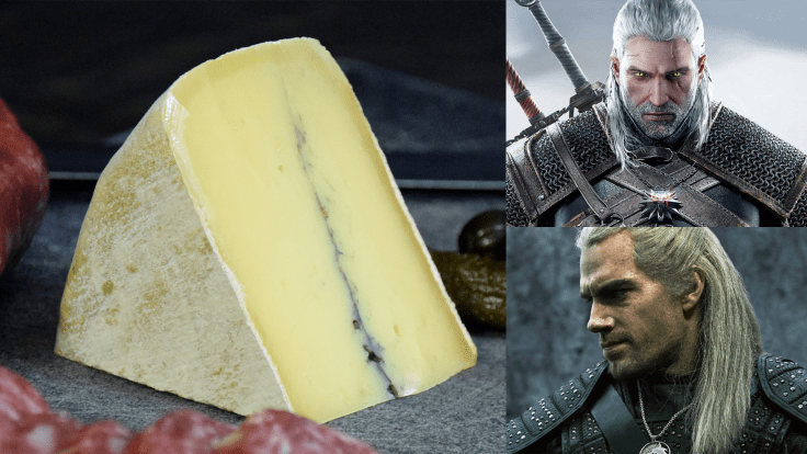 A picture of a wedge of golden cheese with a streak of ash down the middle, next to pictures of a white haired man in dark armor