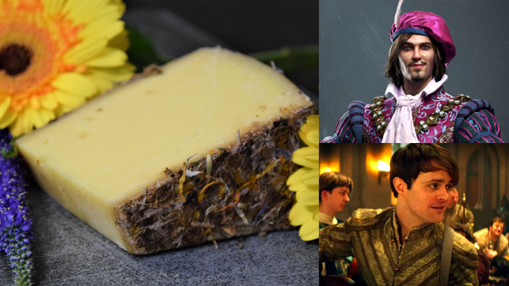 On the left a picture of a golden cheese surrounded by yellow and purple flowers; on the top right a white man in bright fuchsia clothes and hat with long brown hair, and bottom right a white man with short brown hair in golden clothes