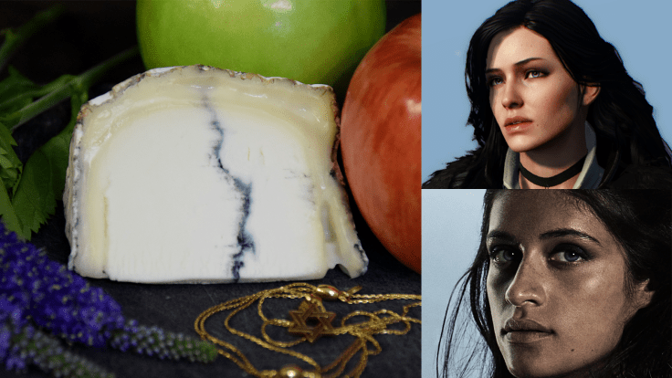 To the left, a picture of a white cheese with a streak of ash surrounded by fruit, flowers, and jewelry; on the right, two pictures of women with long black hair and purple eyes looking off into the distance.