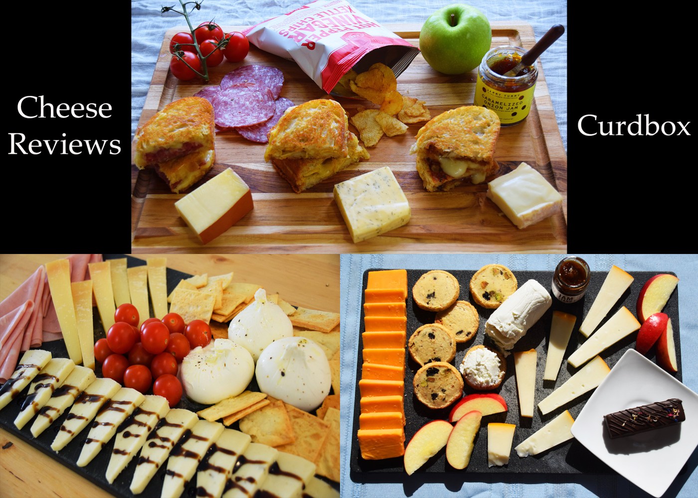 Three images of cheese boards on a black background